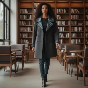 VTG DKNY Women M Double Breasted Wool Blend Plaid Peacoat Jacket Italian Y2K 90s